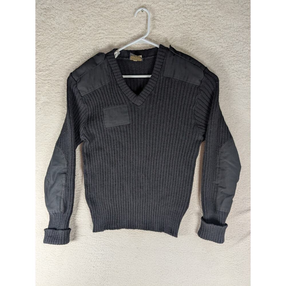 Citadel Commando Sweater Mens 44 Black Solid V Neck Wool Elbow Patches